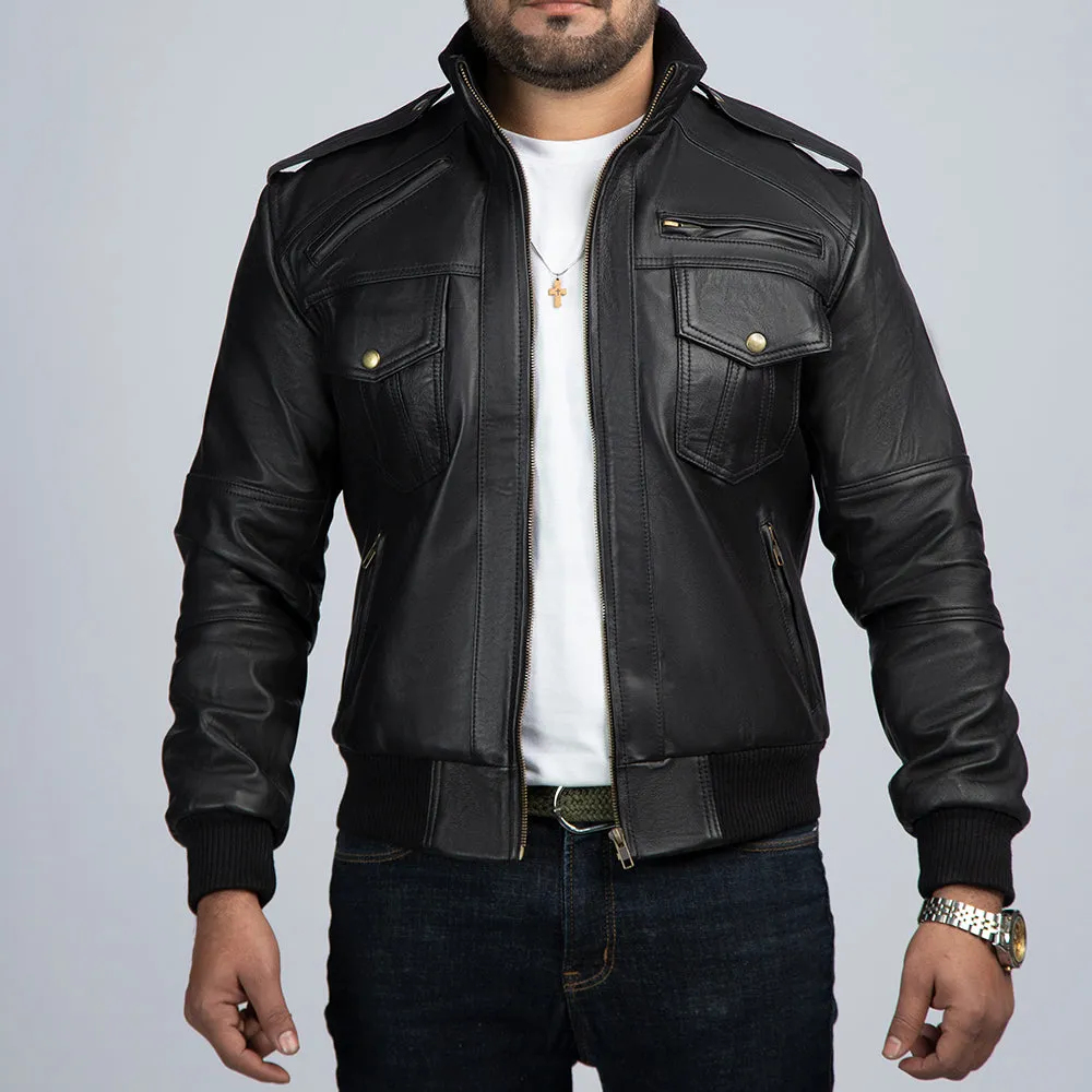 Ranger Black Leather Bomber Jacket