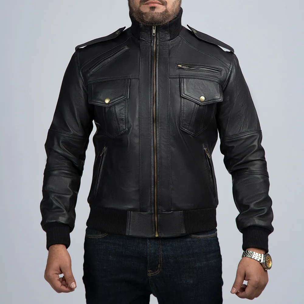 Ranger Black Leather Bomber Jacket