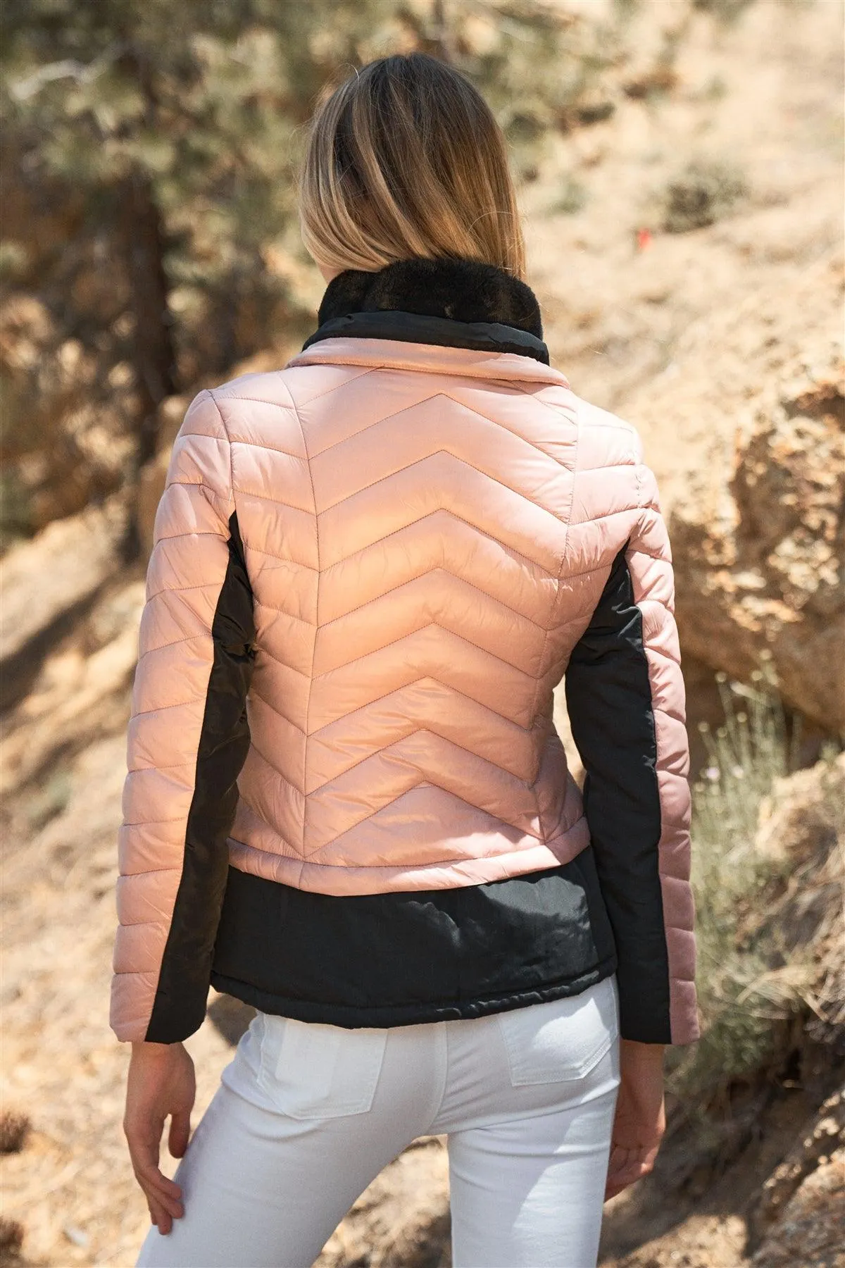 Rose Chevron Quilted High Neck Double Zip Puffer Jacket