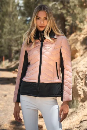 Rose Chevron Quilted High Neck Double Zip Puffer Jacket