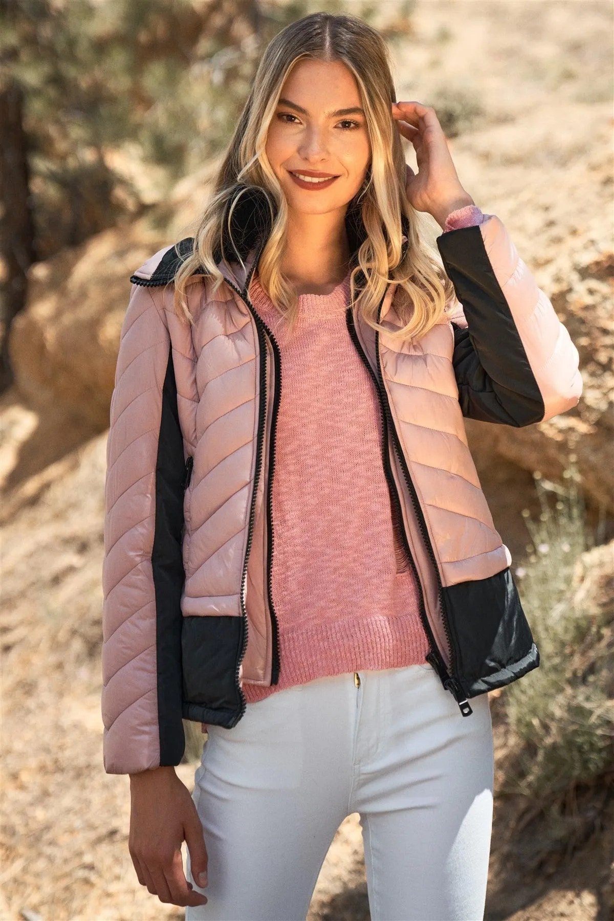 Rose Chevron Quilted High Neck Double Zip Puffer Jacket