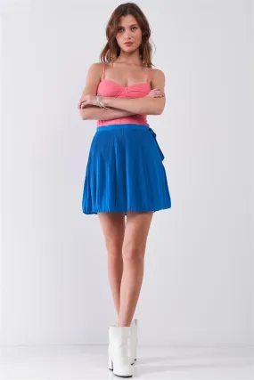 Sapphire Blue Pleated Side Self-Tie Bow Detail High Waist Flare Mini Skirt /1-1-2-1