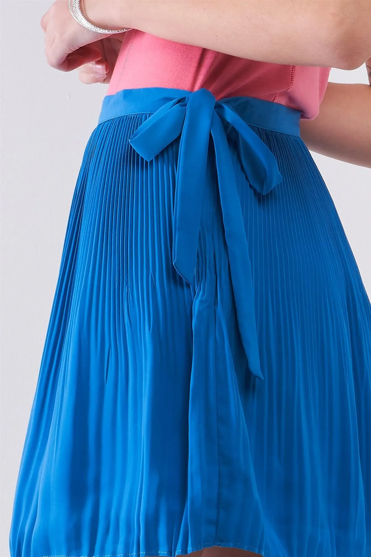 Sapphire Blue Pleated Side Self-Tie Bow Detail High Waist Flare Mini Skirt /1-1-2-1