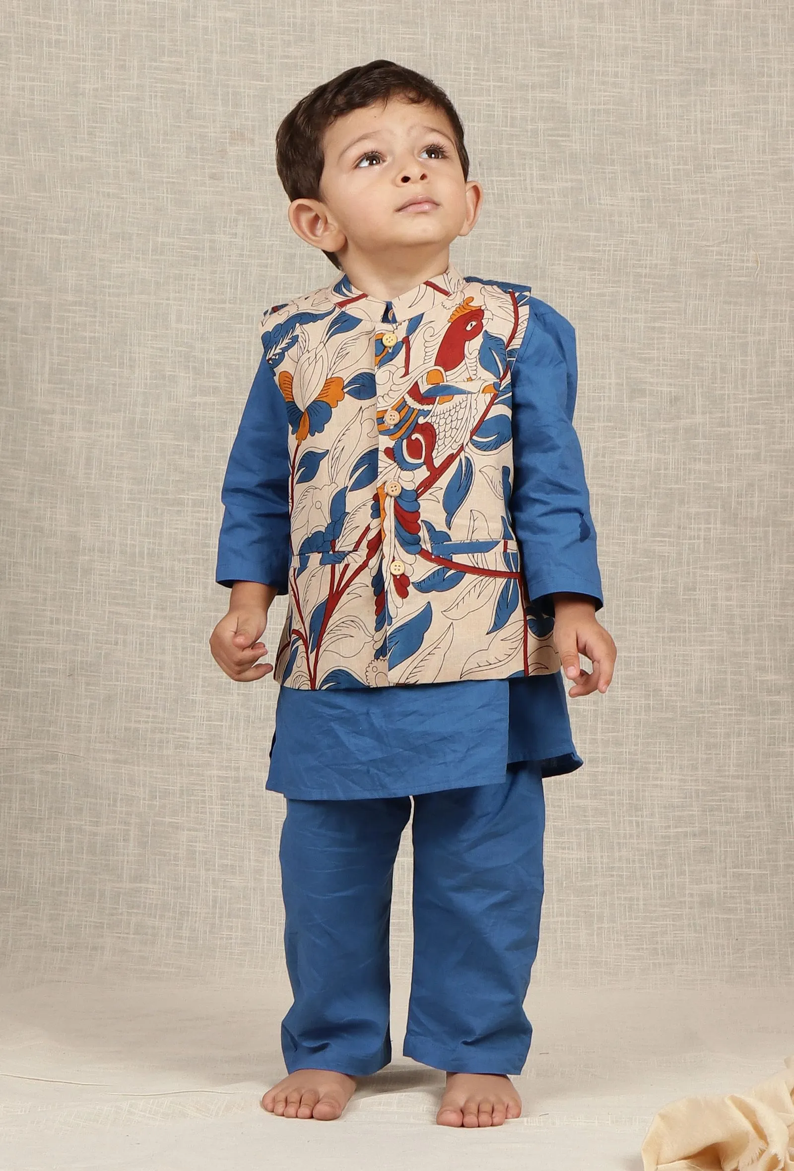 Set Of 3: Aric Blue Cotton Kurta, Pyjama & Beige Cream Kalamkari Nehru Jacket