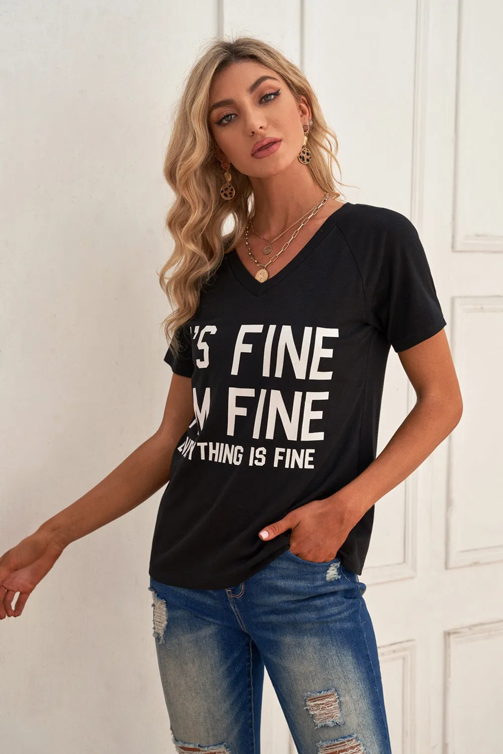 Slogan Graphic V-Neck Short Raglan Sleeve Tee