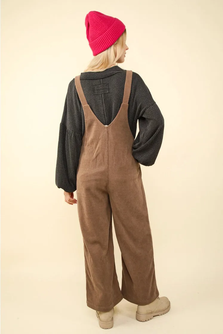 Soft Corduroy Straight Leg Overall Jumpsuit Mocha