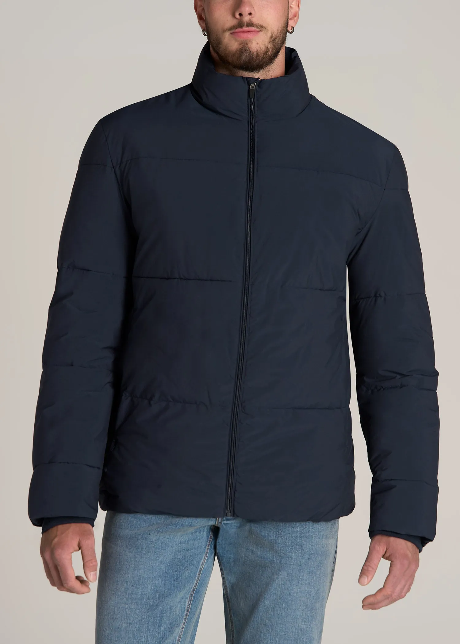 Stand Collar Puffer Coat Jacket for Tall Men in Evening Blue