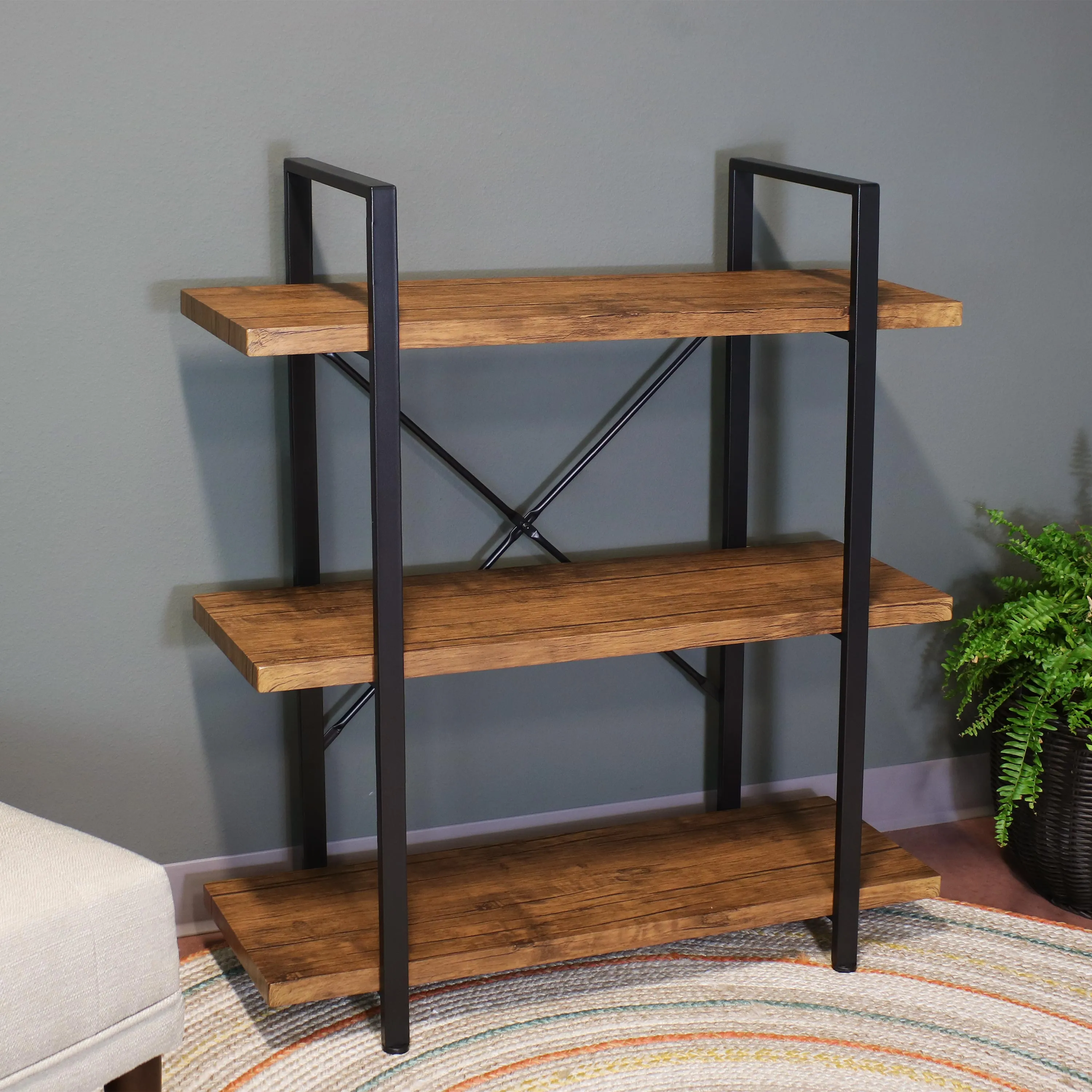 Sunnydaze 3-Tier Industrial Style Open Bookshelf - Teak