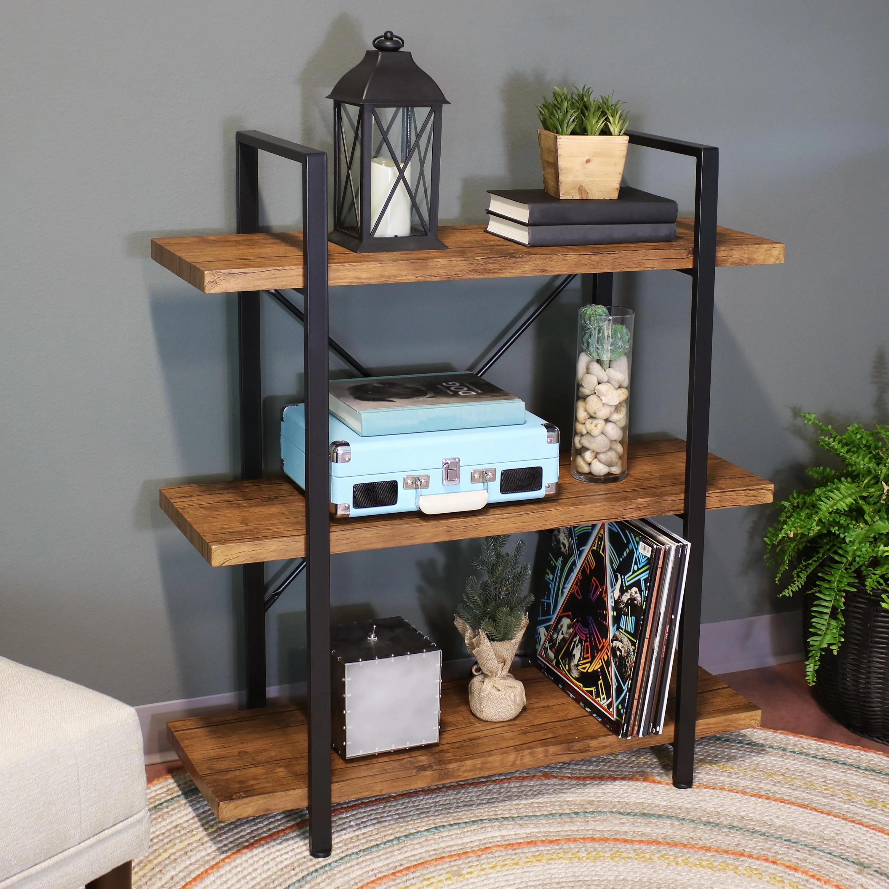 Sunnydaze 3-Tier Industrial Style Open Bookshelf - Teak