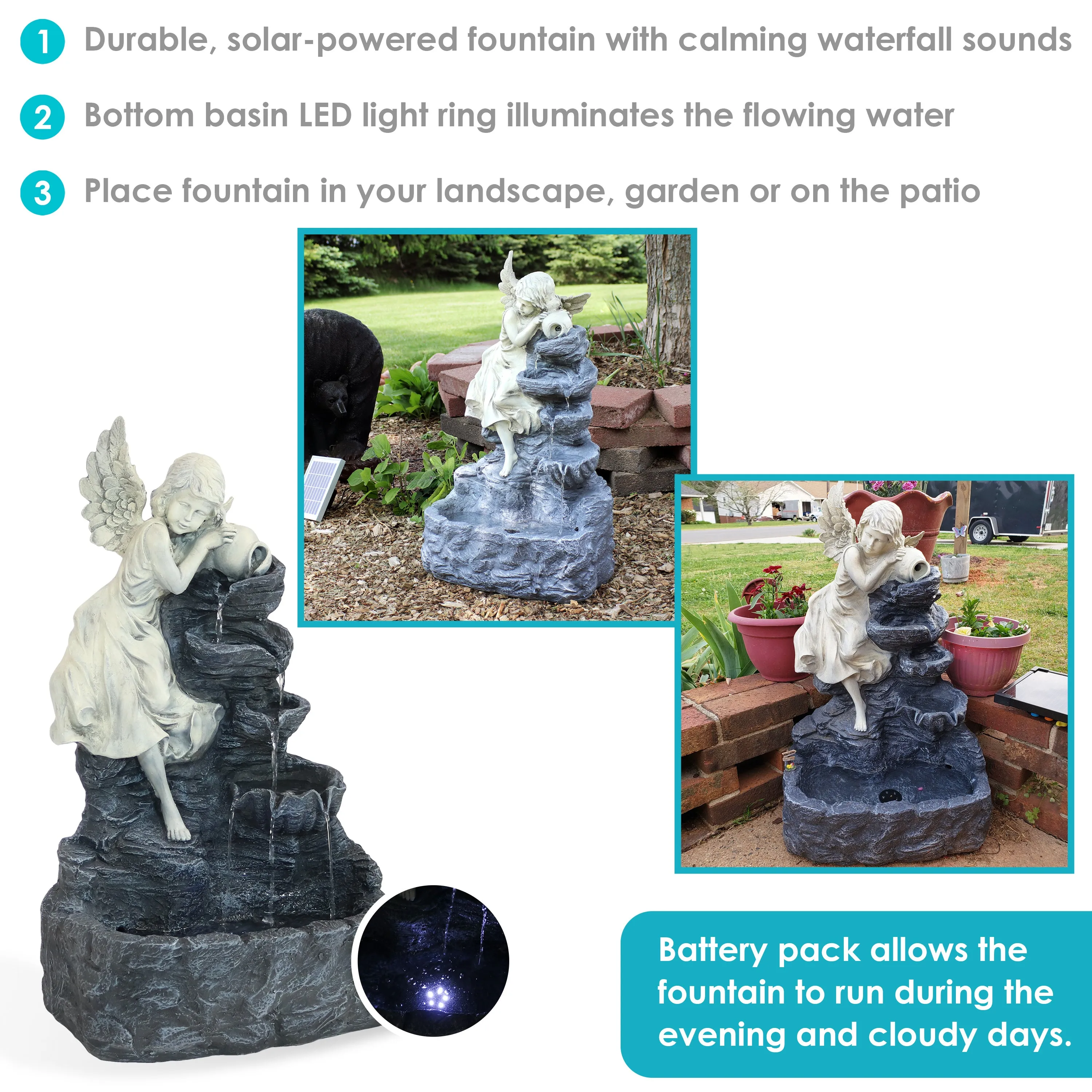 Sunnydaze Angel Falls Solar Fountain with Battery Backup - 29"