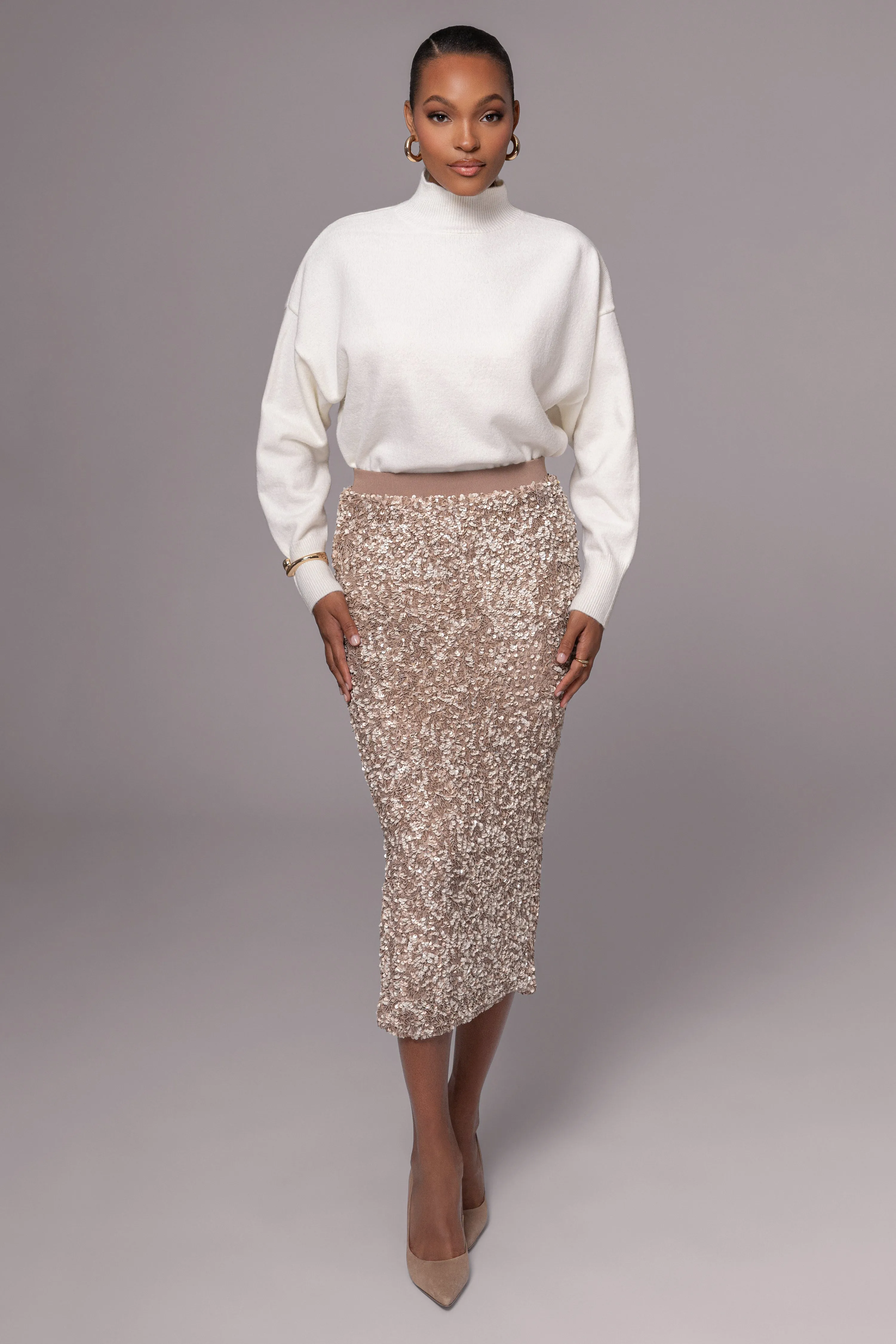 Taupe Sequin Midi Skirt