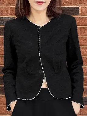 Textured Black Scallop Stitched Trim Peplum Jacket