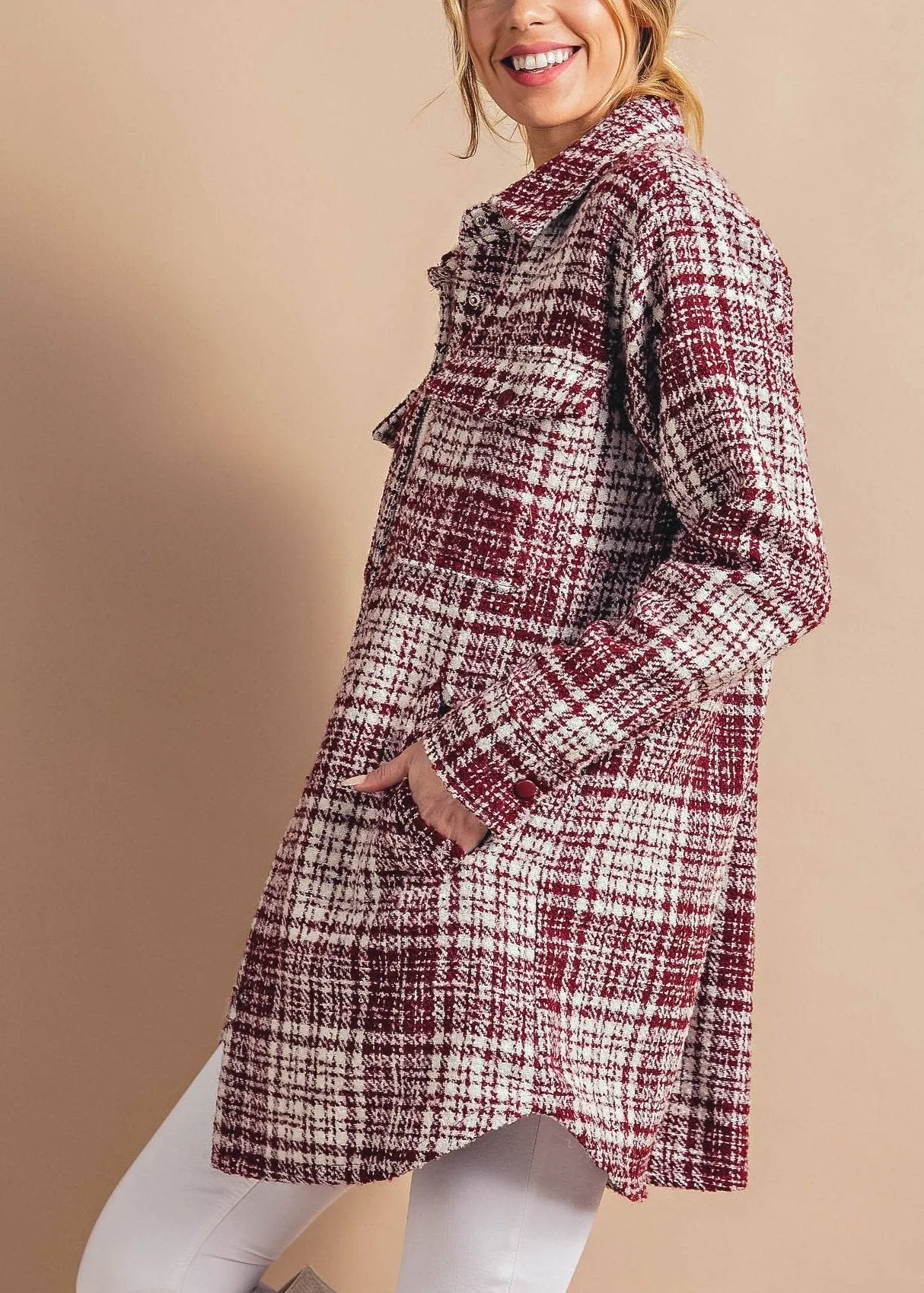 Textured Plaid Jacket in Burgundy