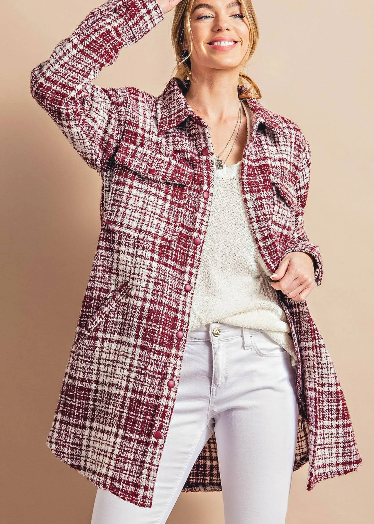 Textured Plaid Jacket in Burgundy