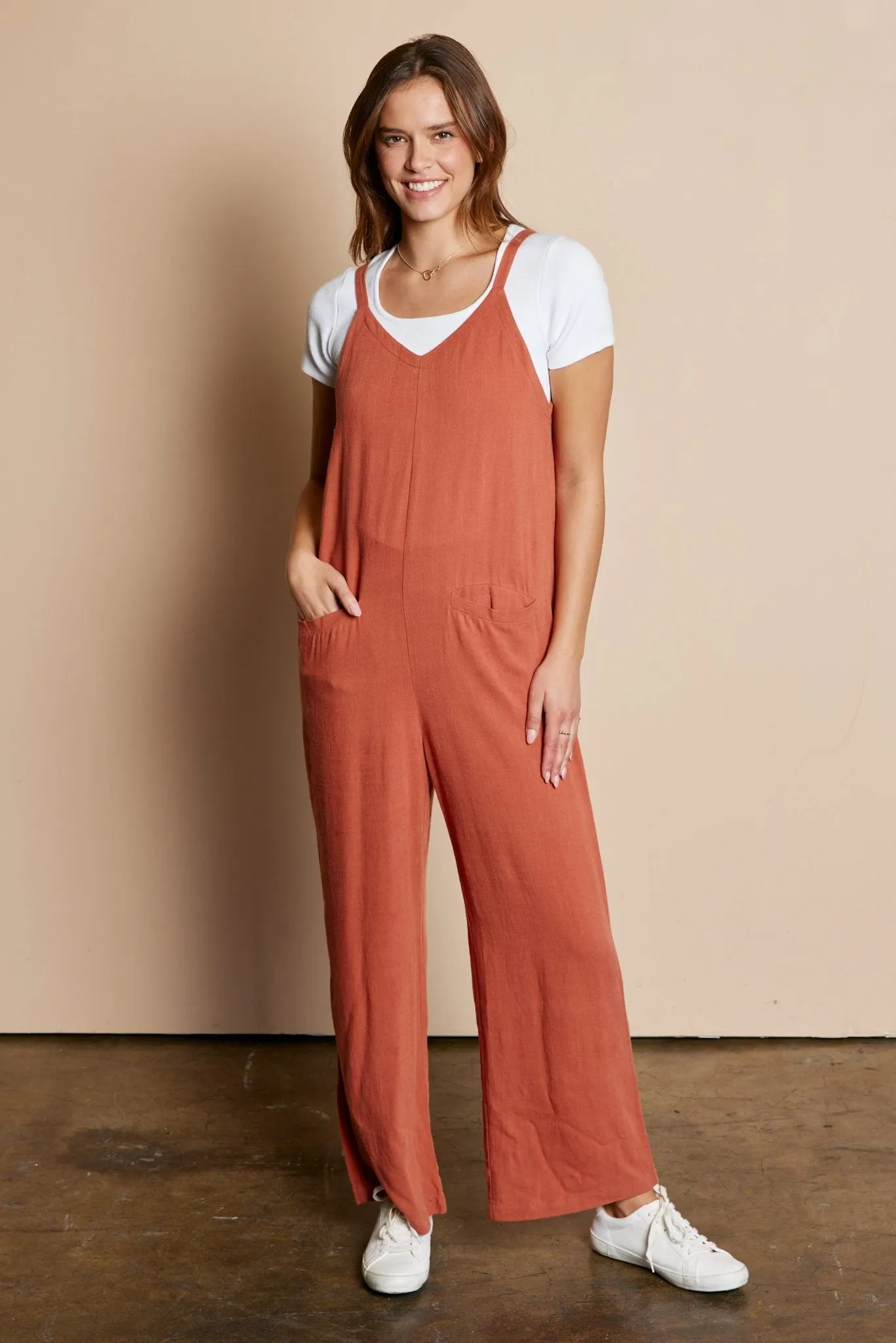 The Bria Linen Overall Pants in Terracotta