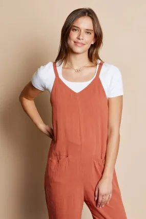 The Bria Linen Overall Pants in Terracotta