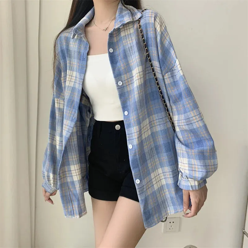 Toleet-Women Tartan Shirt Long Sleeve Collared Button Up Oversized Plaid Shirt Jacket Grunge Fashion Outfit