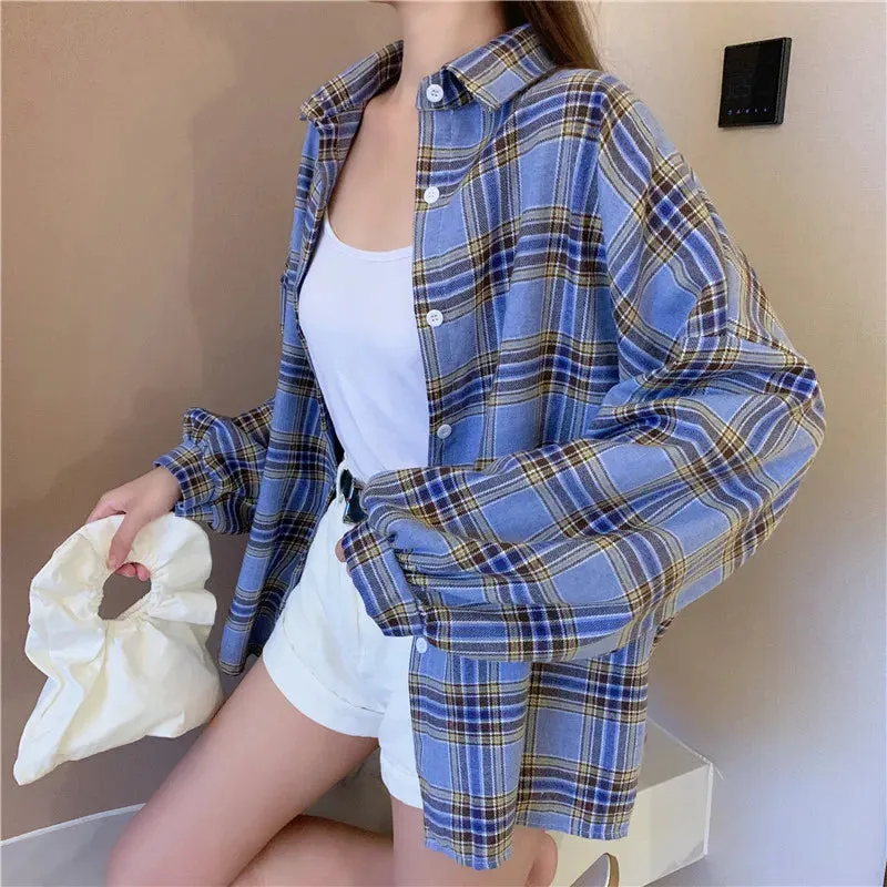 Toleet-Women Tartan Shirt Long Sleeve Collared Button Up Oversized Plaid Shirt Jacket Grunge Fashion Outfit