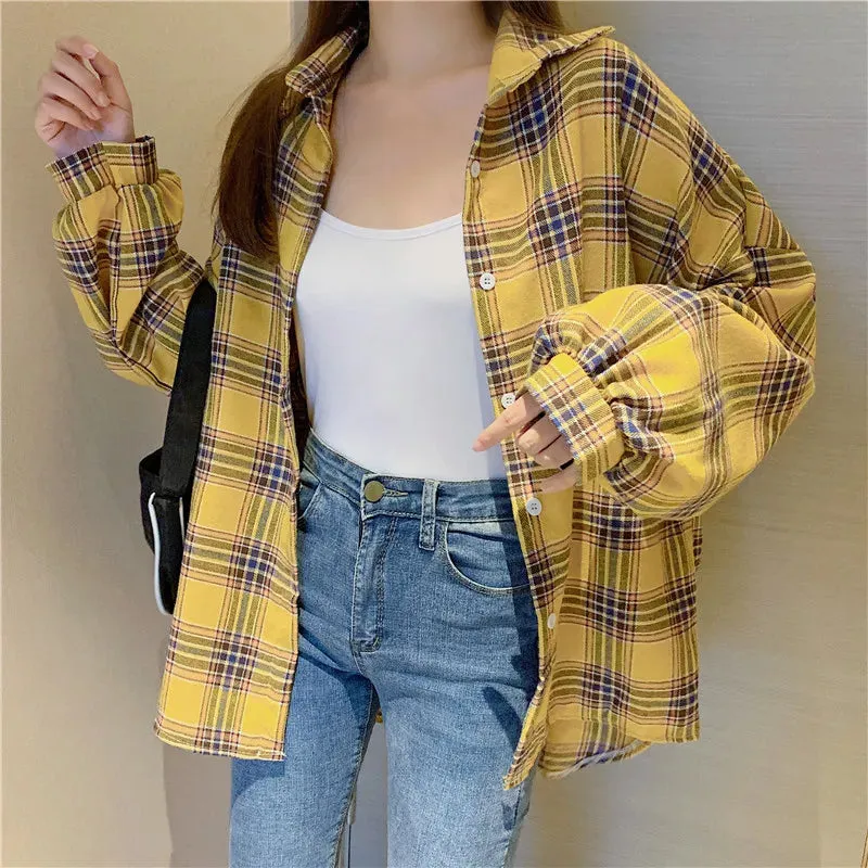 Toleet-Women Tartan Shirt Long Sleeve Collared Button Up Oversized Plaid Shirt Jacket Grunge Fashion Outfit