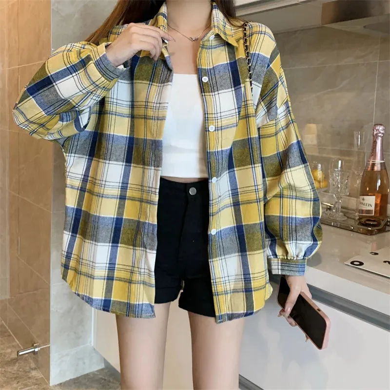 Toleet-Women Tartan Shirt Long Sleeve Collared Button Up Oversized Plaid Shirt Jacket Grunge Fashion Outfit