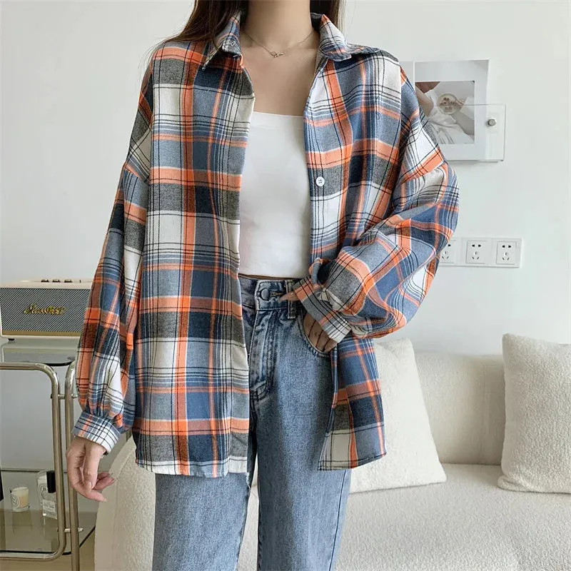 Toleet-Women Tartan Shirt Long Sleeve Collared Button Up Oversized Plaid Shirt Jacket Grunge Fashion Outfit