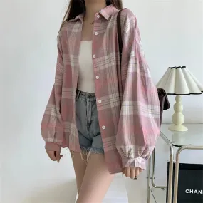 Toleet-Women Tartan Shirt Long Sleeve Collared Button Up Oversized Plaid Shirt Jacket Grunge Fashion Outfit