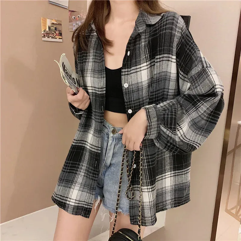 Toleet-Women Tartan Shirt Long Sleeve Collared Button Up Oversized Plaid Shirt Jacket Grunge Fashion Outfit