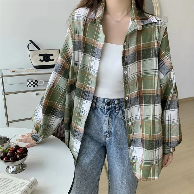 Toleet-Women Tartan Shirt Long Sleeve Collared Button Up Oversized Plaid Shirt Jacket Grunge Fashion Outfit