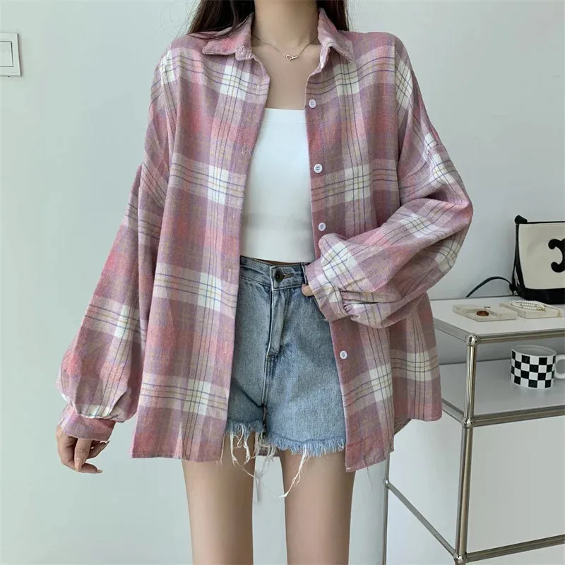 Toleet-Women Tartan Shirt Long Sleeve Collared Button Up Oversized Plaid Shirt Jacket Grunge Fashion Outfit