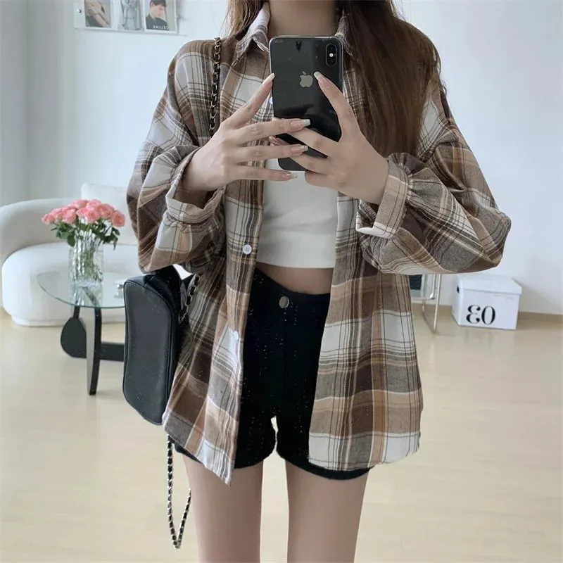 Toleet-Women Tartan Shirt Long Sleeve Collared Button Up Oversized Plaid Shirt Jacket Grunge Fashion Outfit