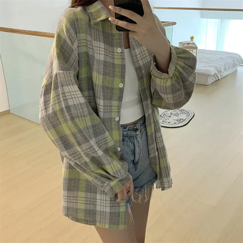 Toleet-Women Tartan Shirt Long Sleeve Collared Button Up Oversized Plaid Shirt Jacket Grunge Fashion Outfit