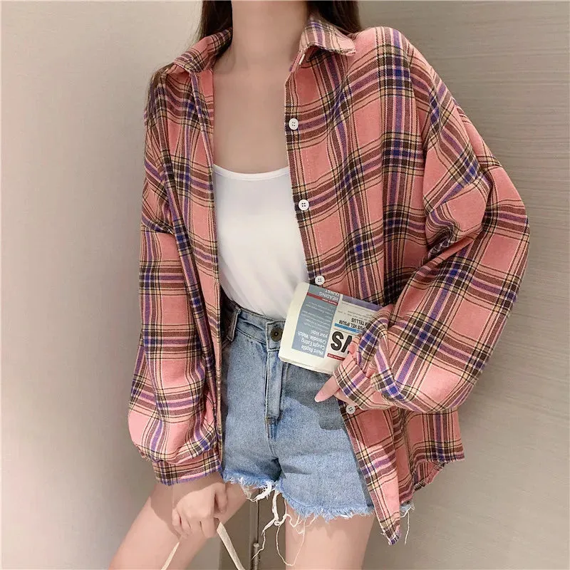 Toleet-Women Tartan Shirt Long Sleeve Collared Button Up Oversized Plaid Shirt Jacket Grunge Fashion Outfit