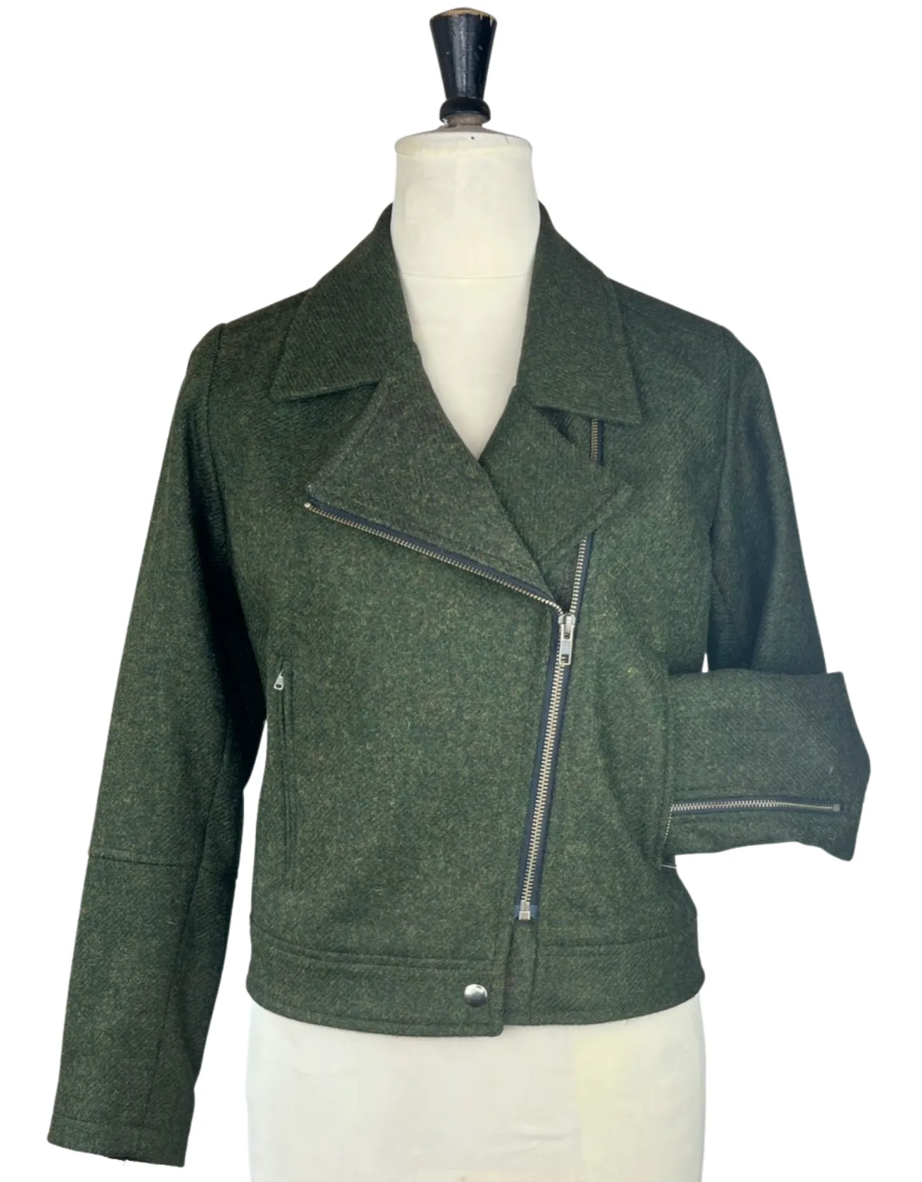 Tweed Biker Jacket - Forest Green Lambswool Herringbone