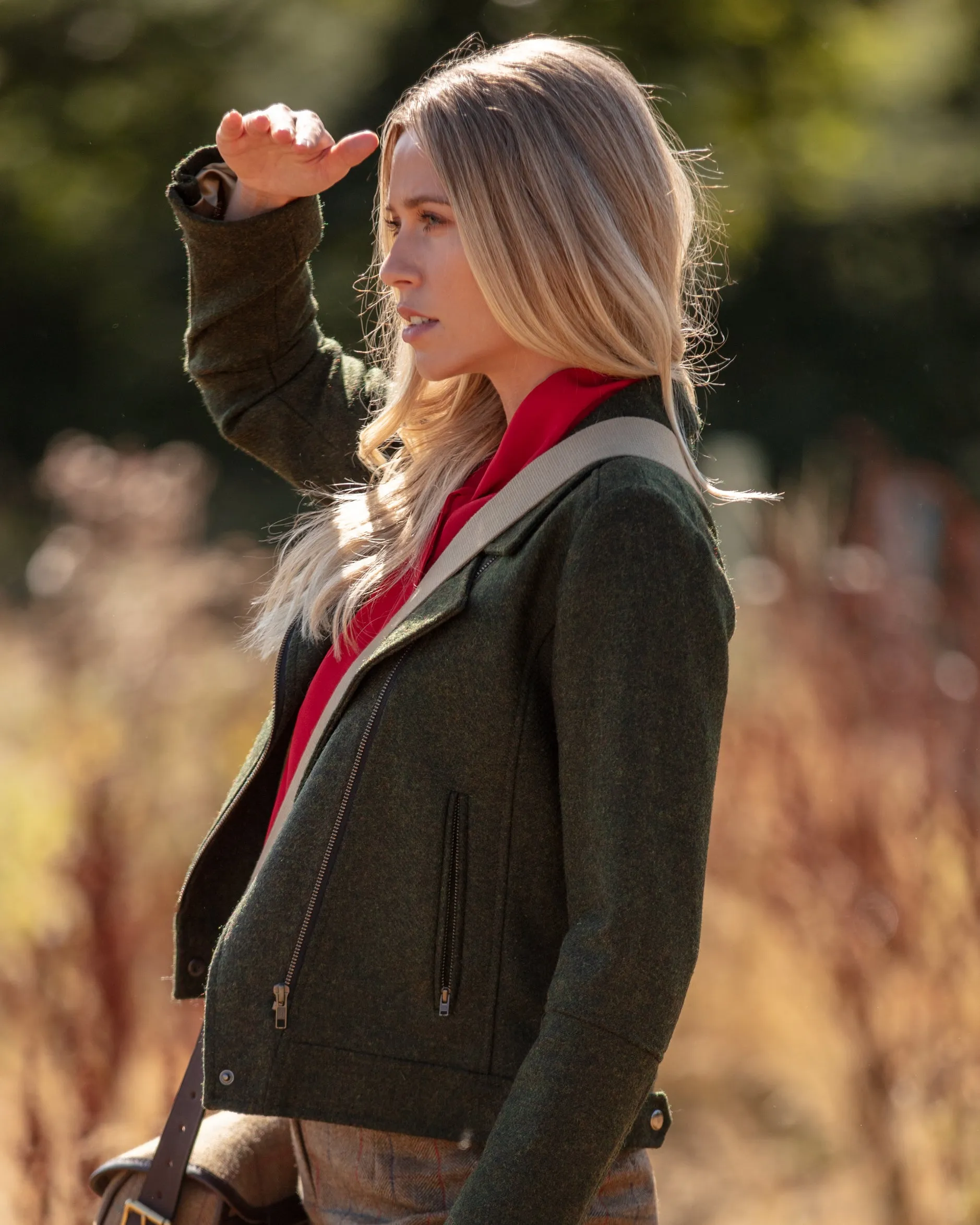 Tweed Biker Jacket - Forest Green Lambswool Herringbone