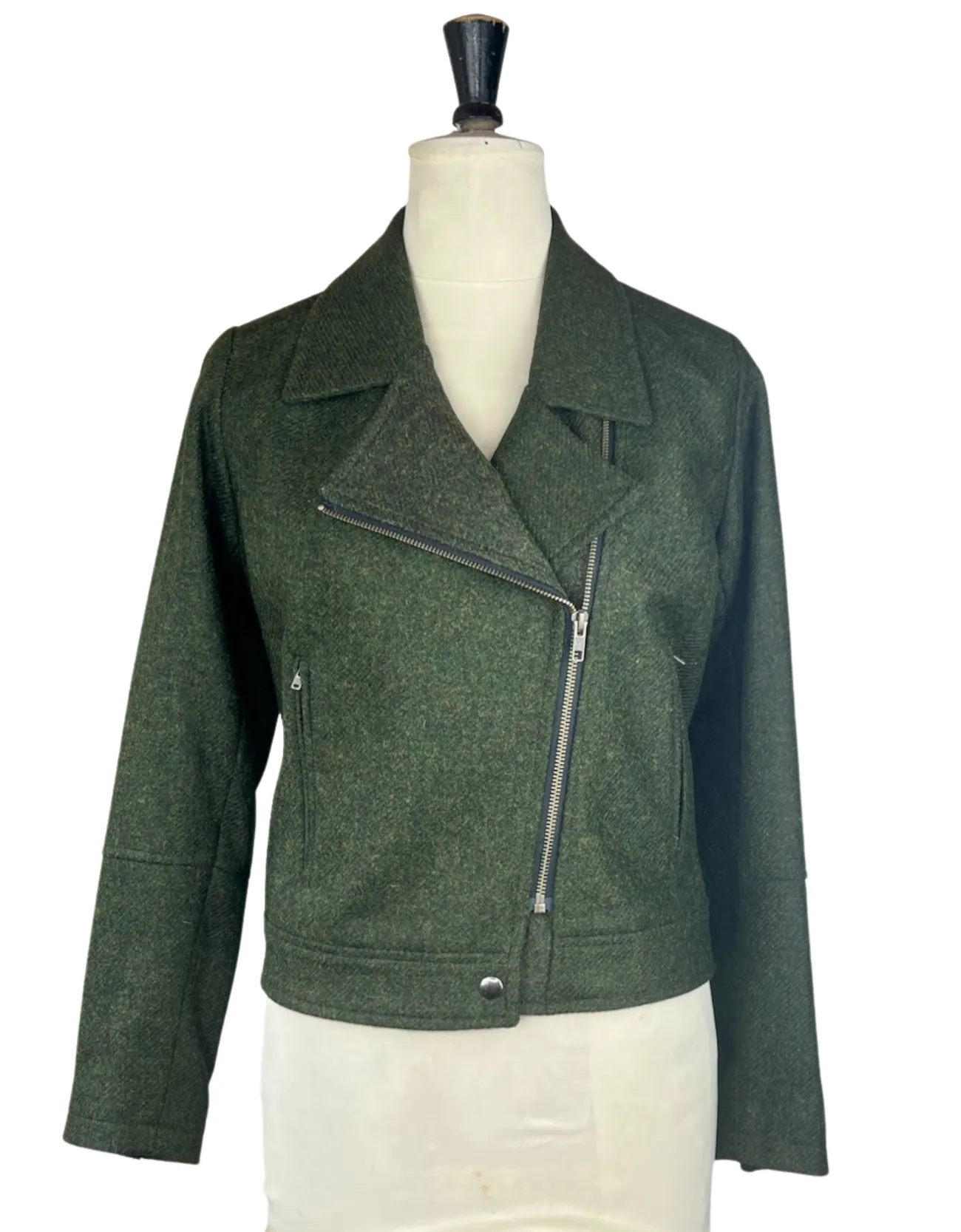 Tweed Biker Jacket - Forest Green Lambswool Herringbone