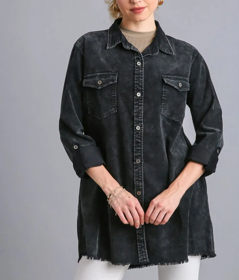 Umgee USA Black Denim Jacket Raw Hem Button Down With Chest Pockets