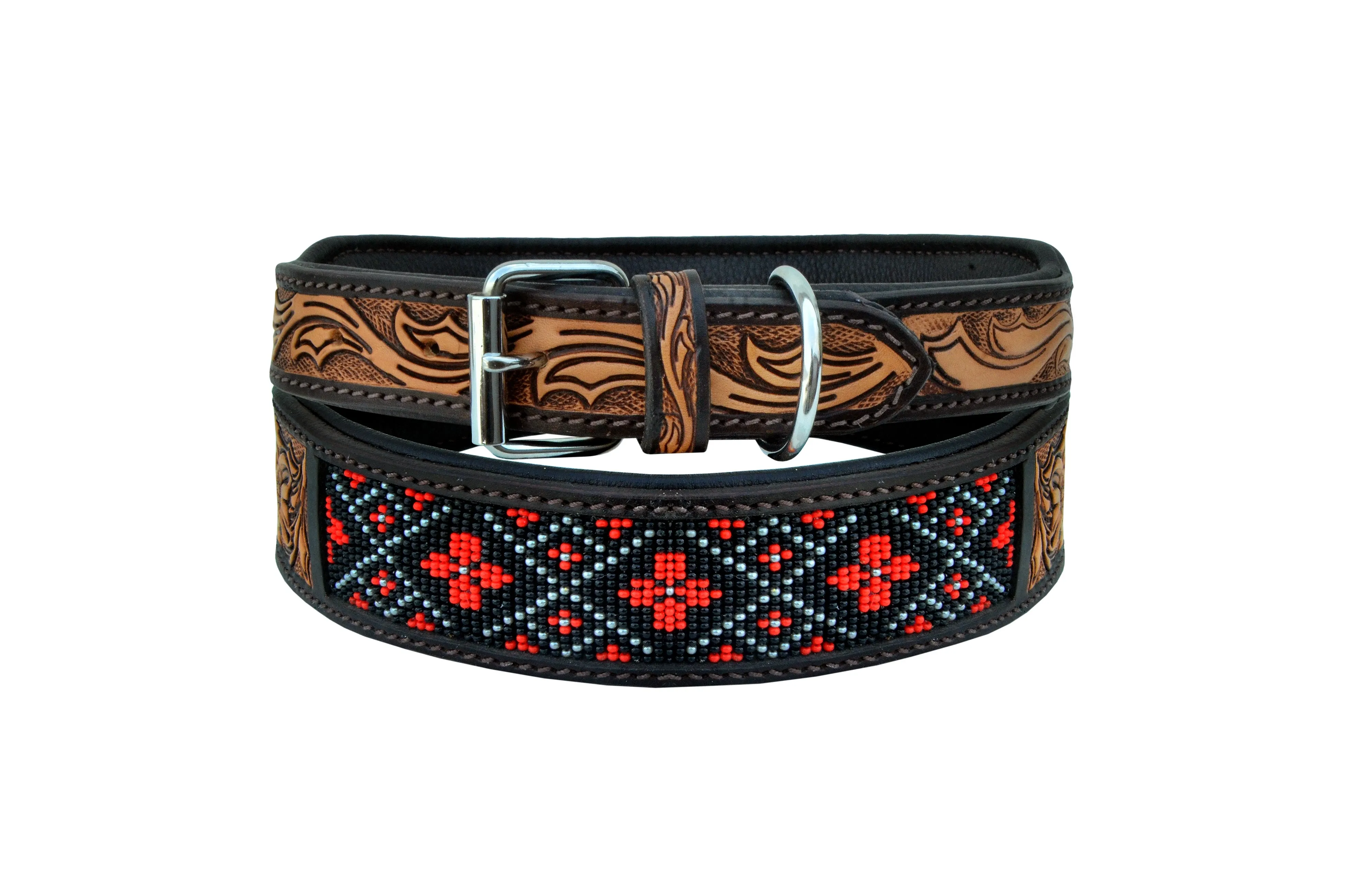 Western Style Beaded and Tooled Leather Dog Collar With Padded Soft Lining 10AB005