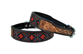 Western Style Beaded and Tooled Leather Dog Collar With Padded Soft Lining 10AB005