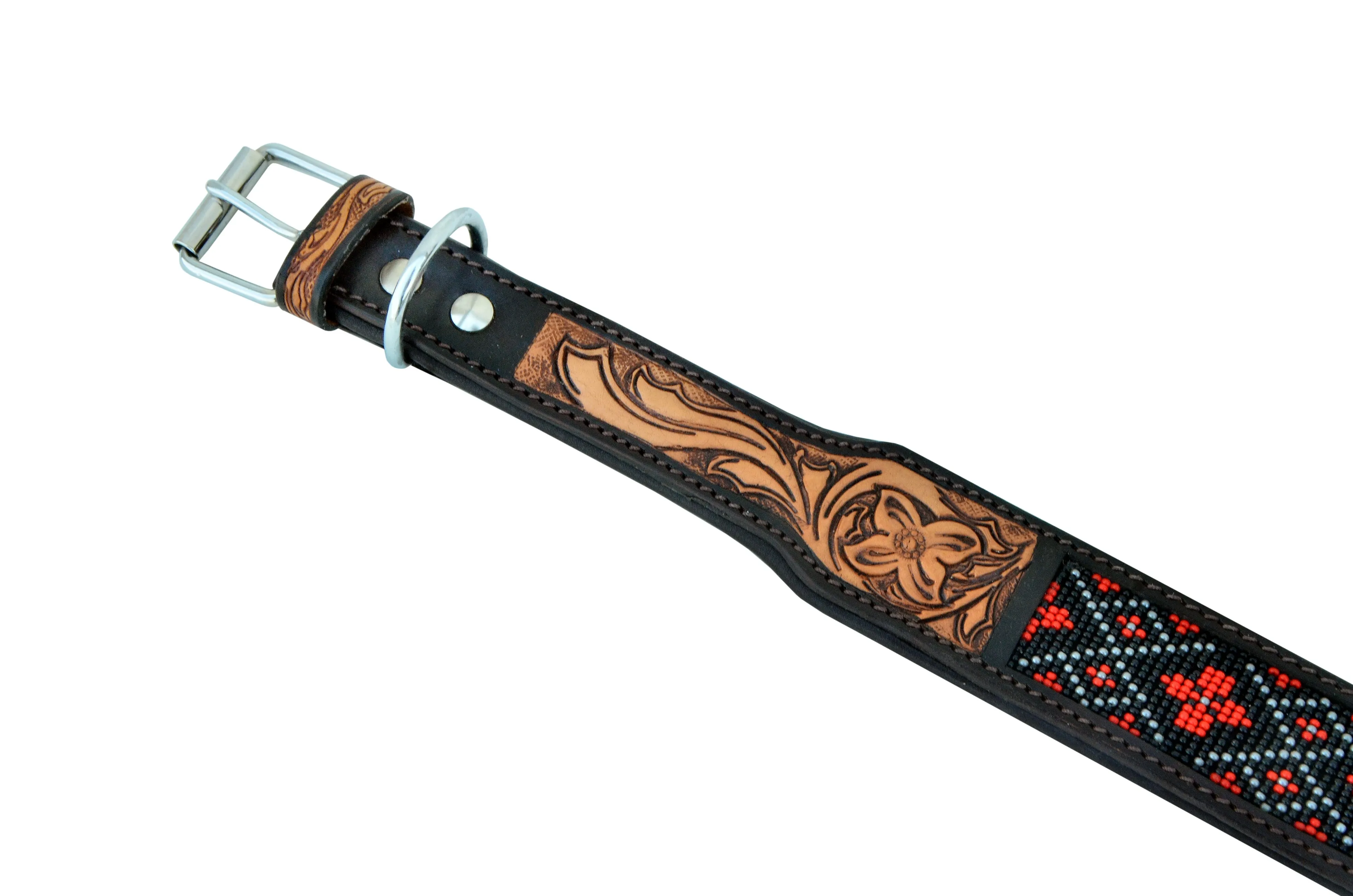 Western Style Beaded and Tooled Leather Dog Collar With Padded Soft Lining 10AB005