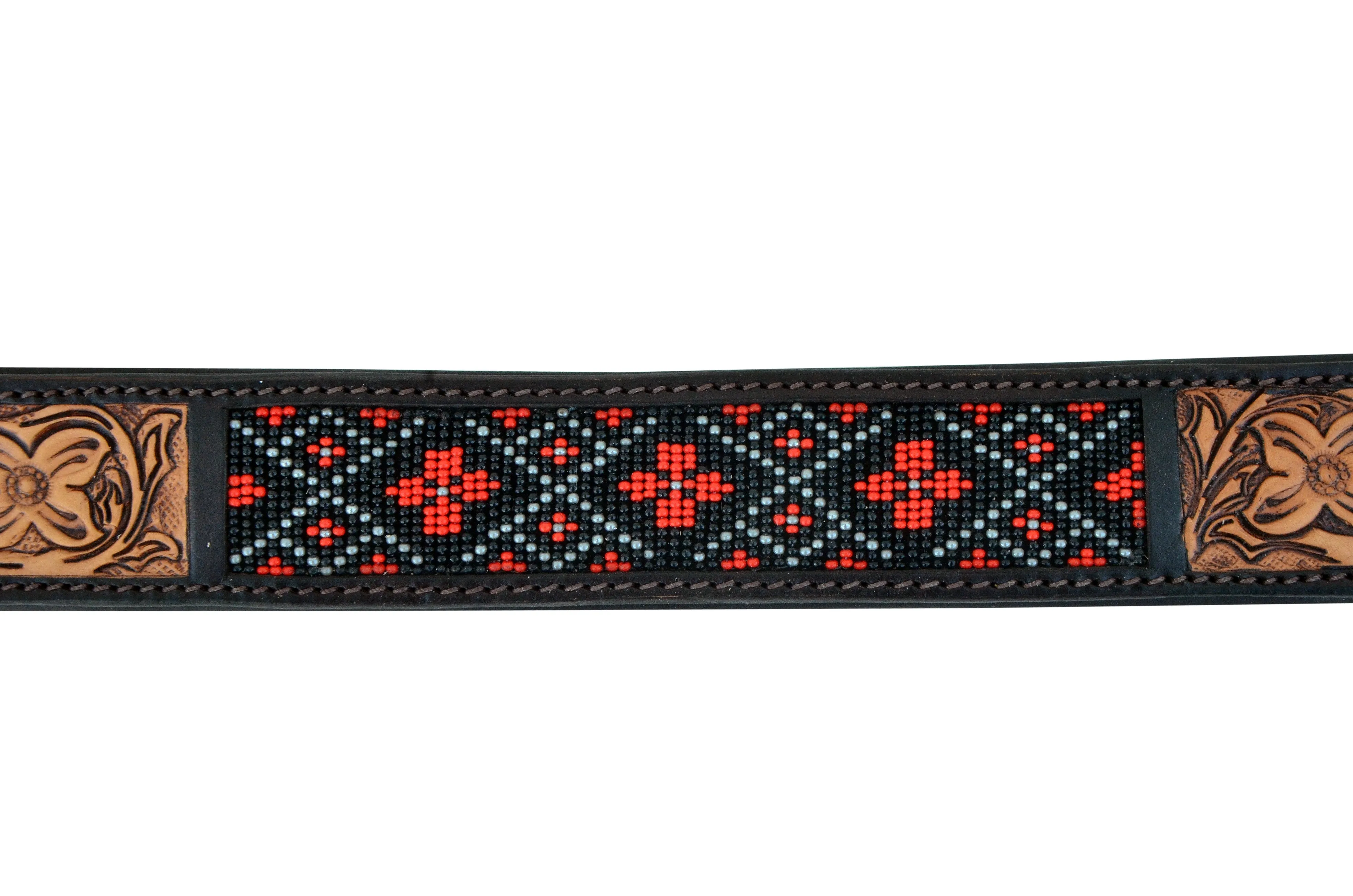 Western Style Beaded and Tooled Leather Dog Collar With Padded Soft Lining 10AB005