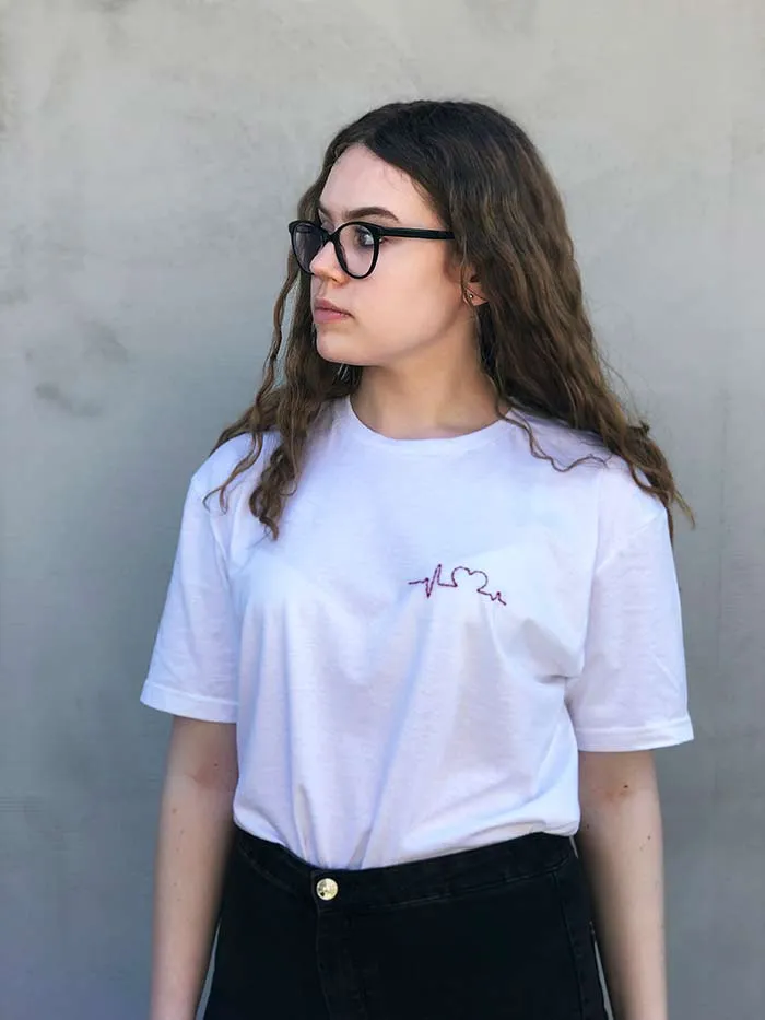 White Embroidered T Shirt, Heart embroidery Women Shirt Cool Cozy Shirt, Embroidery on demand