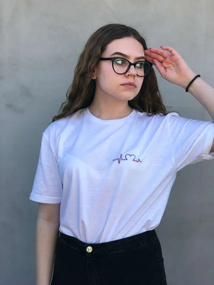 White Embroidered T Shirt, Heart embroidery Women Shirt Cool Cozy Shirt, Embroidery on demand