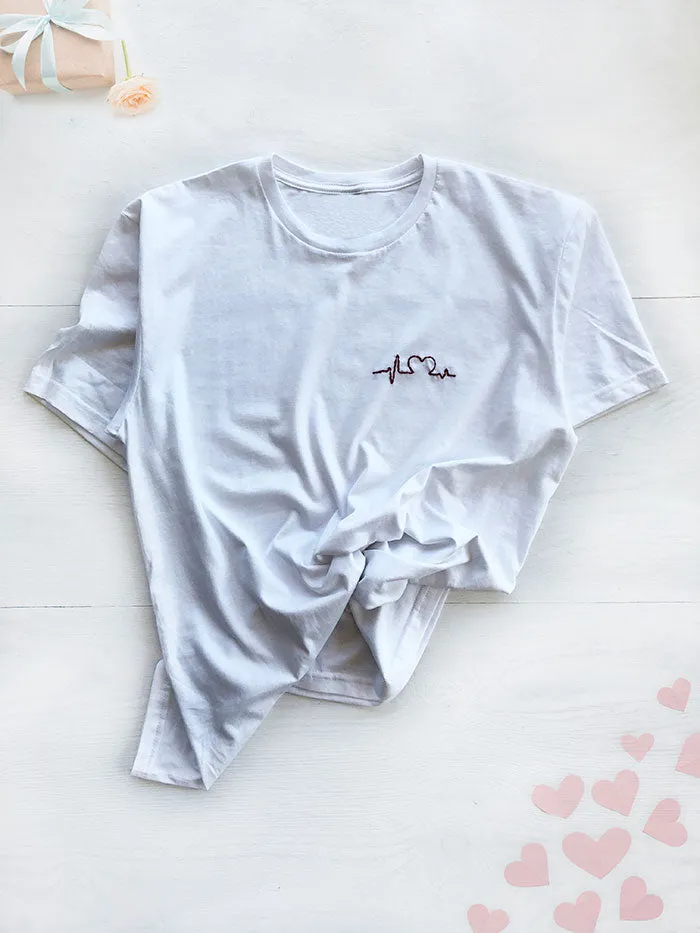 White Embroidered T Shirt, Heart embroidery Women Shirt Cool Cozy Shirt, Embroidery on demand