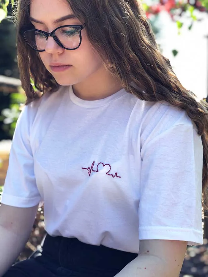 White Embroidered T Shirt, Heart embroidery Women Shirt Cool Cozy Shirt, Embroidery on demand