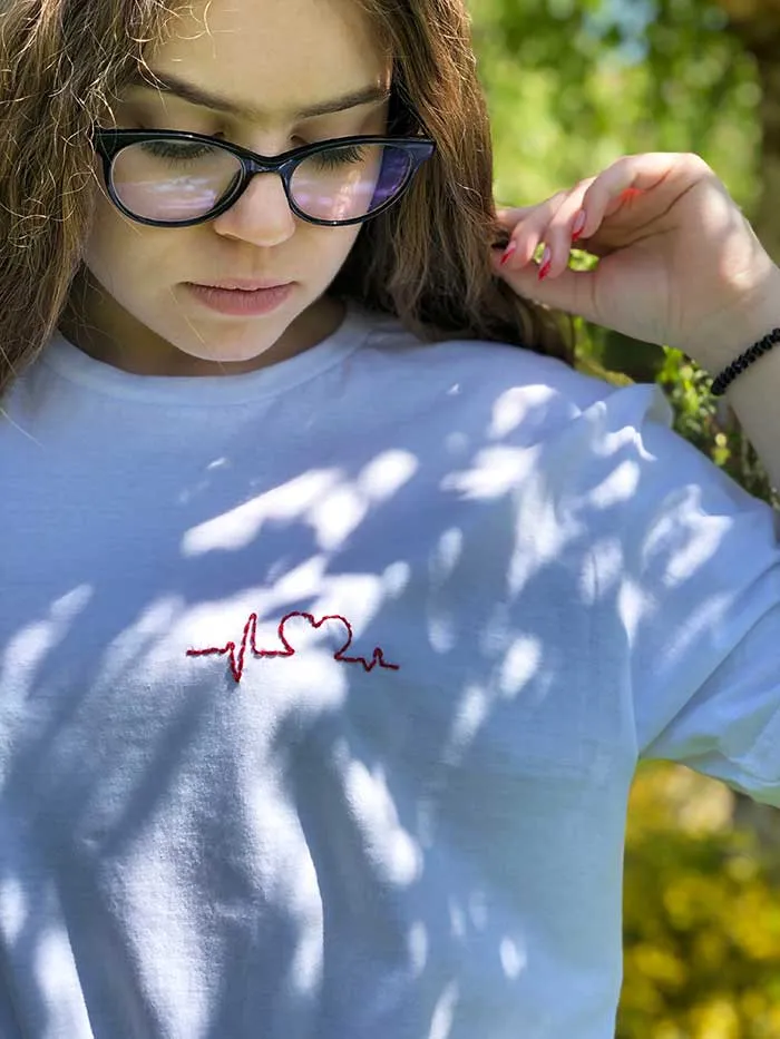 White Embroidered T Shirt, Heart embroidery Women Shirt Cool Cozy Shirt, Embroidery on demand