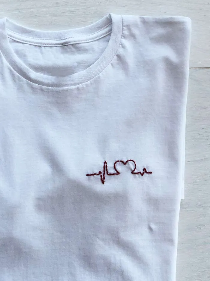 White Embroidered T Shirt, Heart embroidery Women Shirt Cool Cozy Shirt, Embroidery on demand