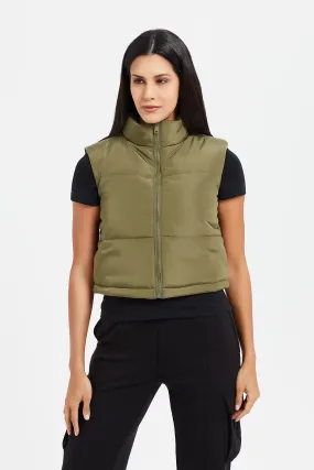 Women Olive Sleeveless Puffer Vest