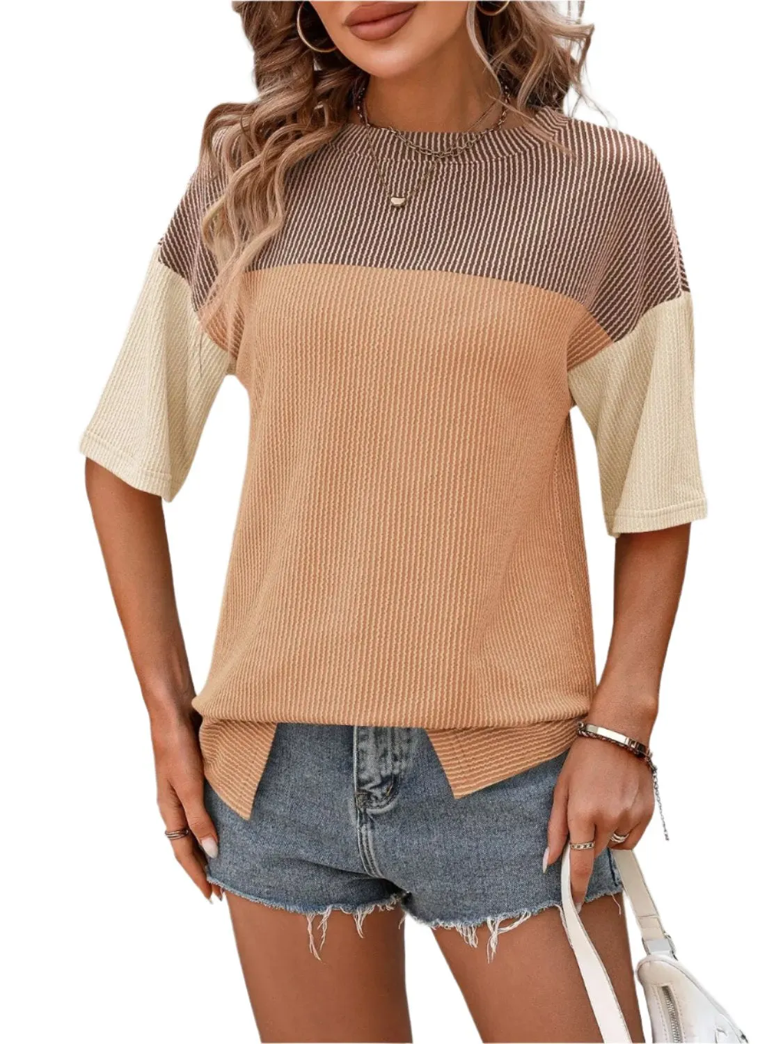 Women Top Color Block Round Neck Half Sleeve T-Shirt