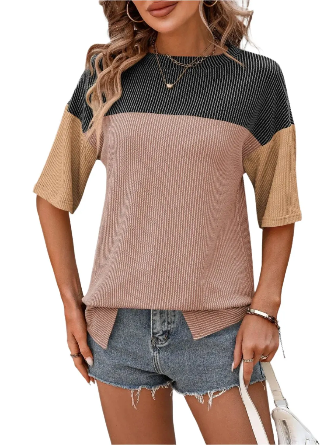 Women Top Color Block Round Neck Half Sleeve T-Shirt