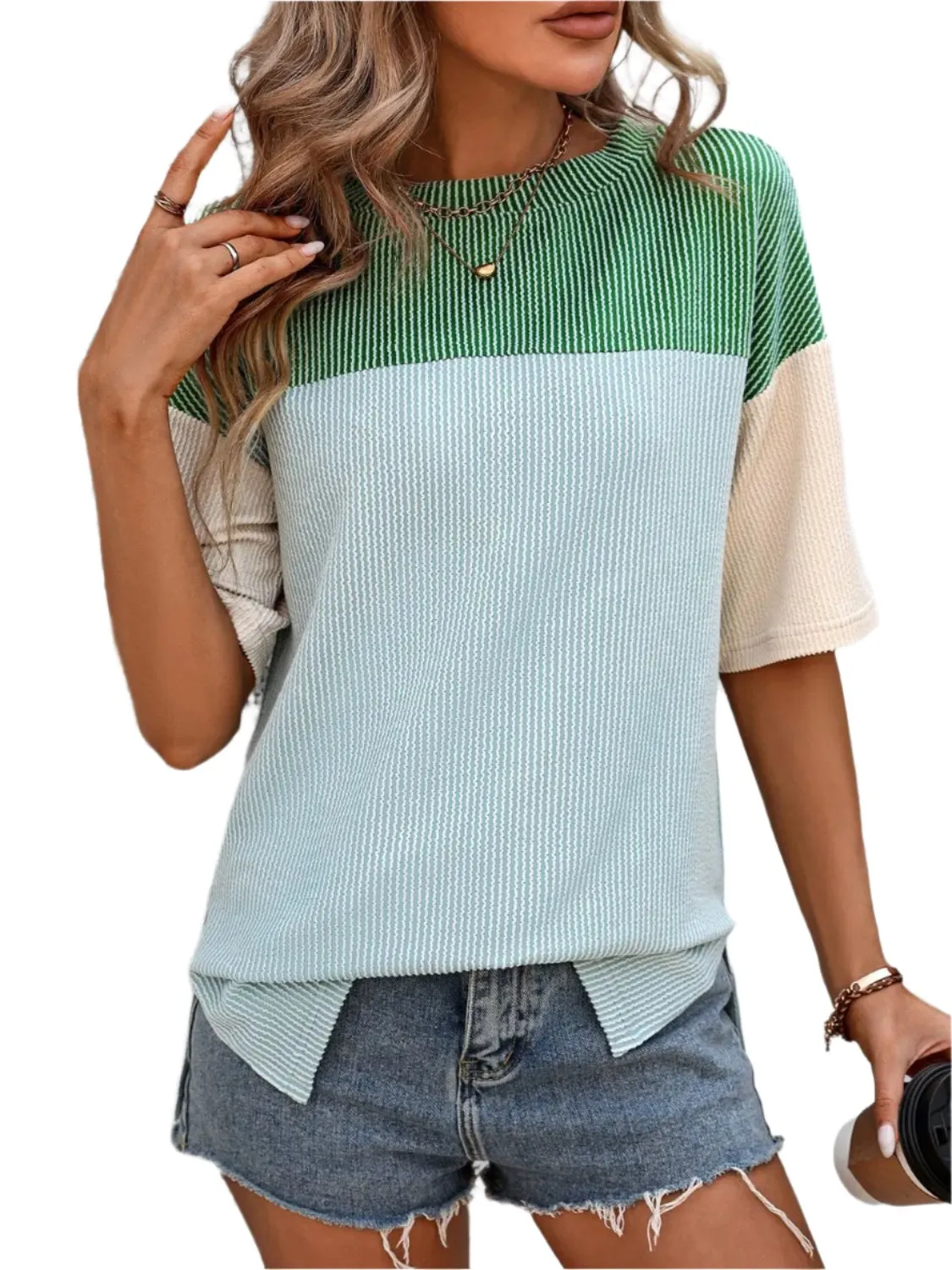 Women Top Color Block Round Neck Half Sleeve T-Shirt